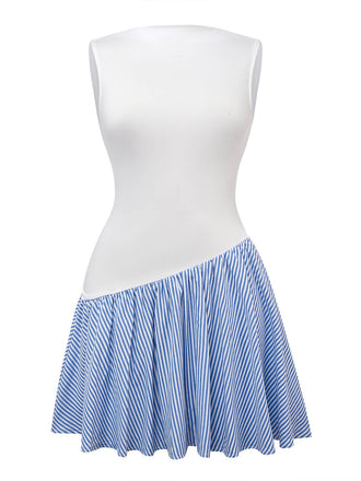 Blue 1950s Striped Patchwork Pleated Dress - vintage dress, retro fashion, rockabilly
