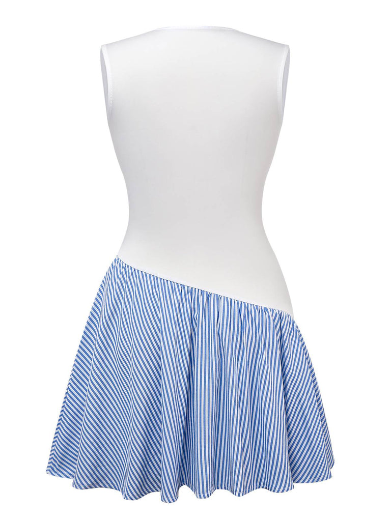 Blue 1950s Striped Patchwork Pleated Dress - vintage dress, retro fashion, rockabilly