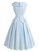 Light Blue 1940s V Neck Striped Bow Dress 4