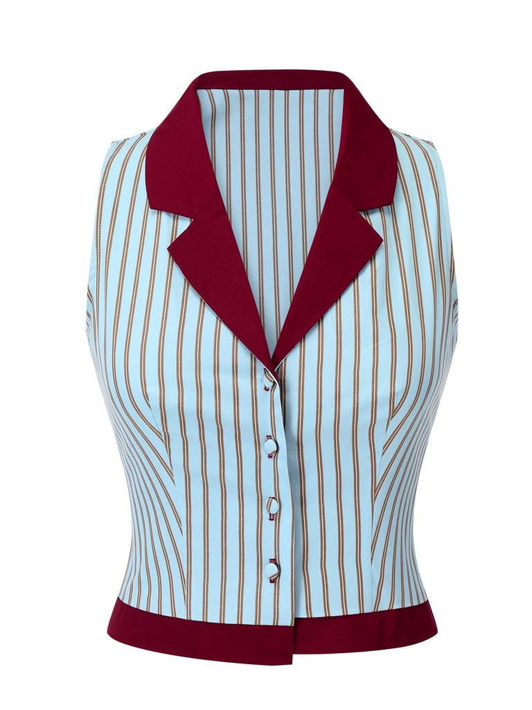 Blue 1950s Stripes Patchwork Sleeveless Blouse — vintage elegance for the modern woman