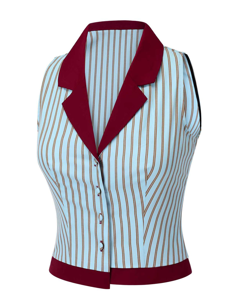 Blue 1950s Stripes Patchwork Sleeveless Blouse: timeless style reimagined