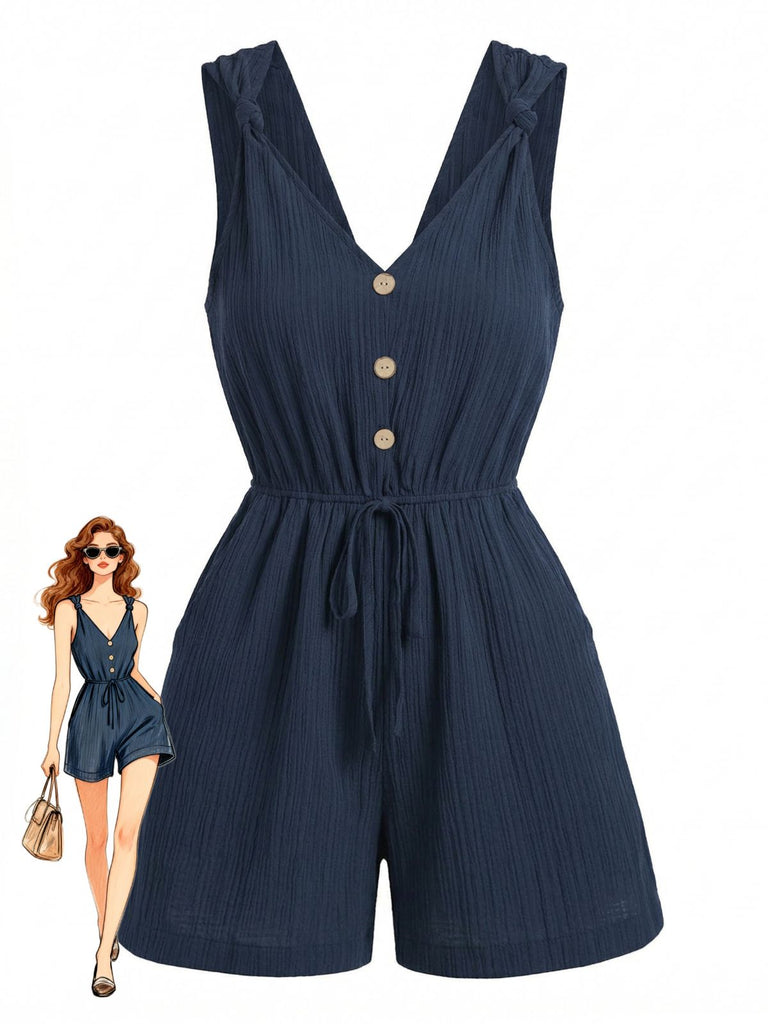 Blue 1950s V-Neck Knotted Strap Button Front Romper, vintage romper, retro jumpsuit - perfect for women who love vintage and retro fashion