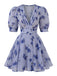 Blue 1950s V-Neck Puff Sleeve High Waist Dress