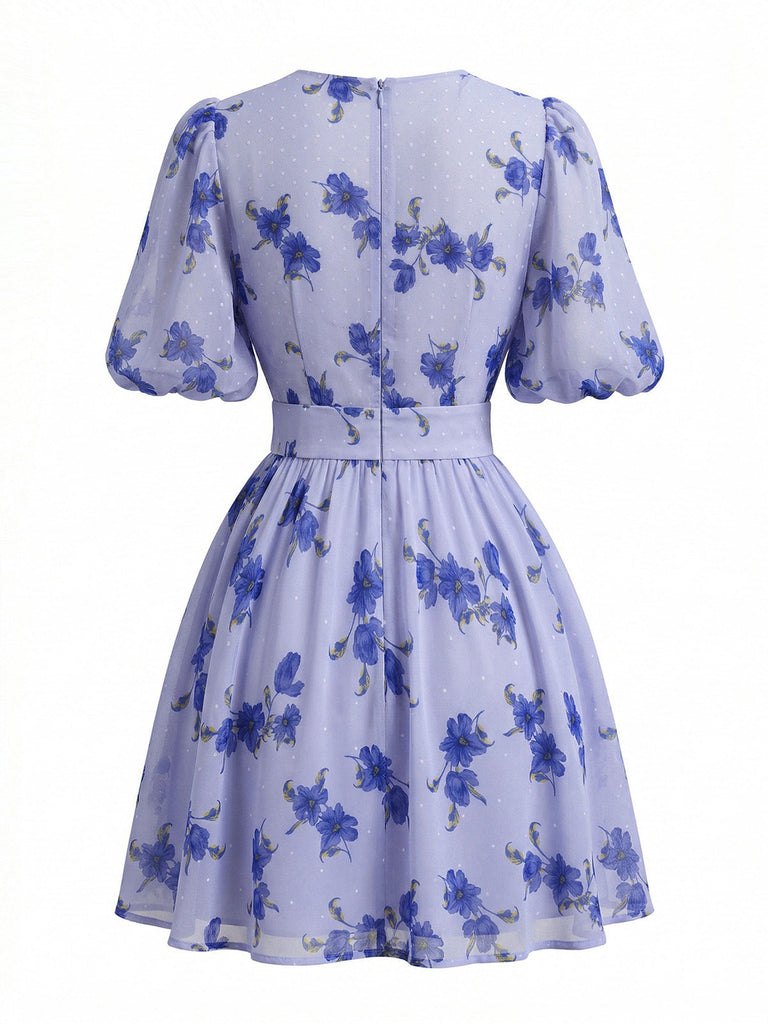 Blue 1950s V-Neck Puff Sleeve High Waist Dress 2