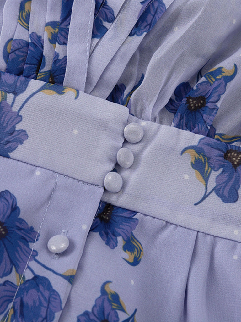 Blue 1950s V-Neck Puff Sleeve High Waist Dress 4