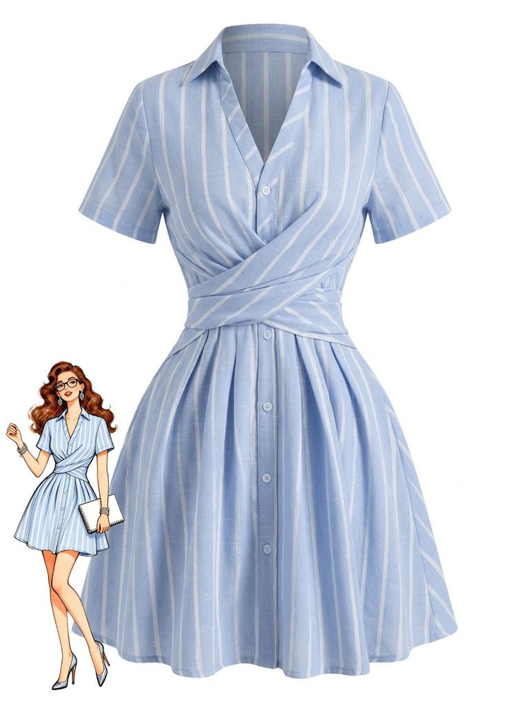 Blue 1950s Vertical Striped Johnny Collar Criss-Cross Dress - vintage dress, retro fashion, elegant style for vintage lovers