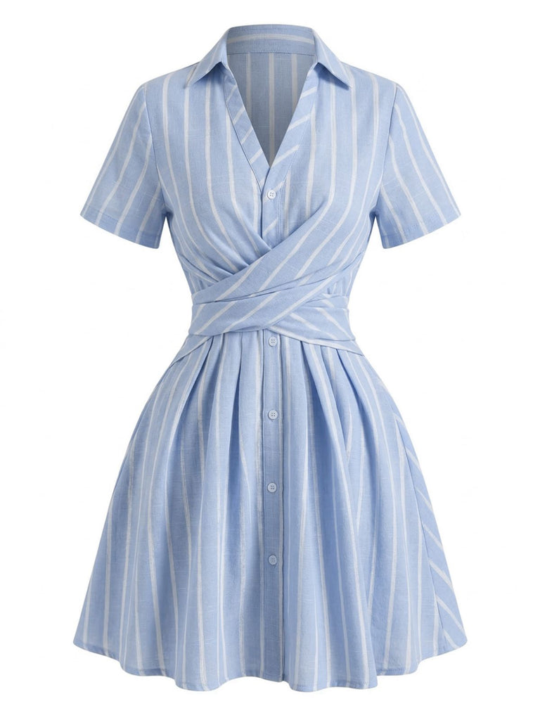 Blue 1950s Vertical Striped Johnny Collar Criss-Cross Dress: beautiful vintage dress, retro fashion, elegant style with timeless appeal