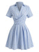 Blue 1950s Vertical Striped Johnny Collar Criss-Cross Dress: beautiful vintage dress, retro fashion, elegant style with timeless appeal