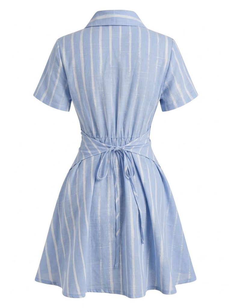 Blue 1950s Vertical Striped Johnny Collar Criss-Cross Dress | vintage dress, retro fashion, elegant style - perfect for retro fashion enthusiasts