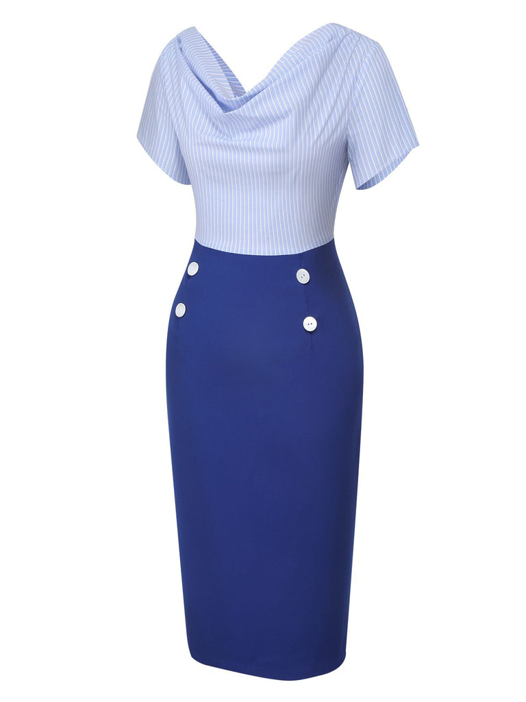 Blue 1960s Cowl Striped Lace-Up Wrap Dress, vintage dress, retro fashion, lace detail - perfect for women who love vintage and retro fashion