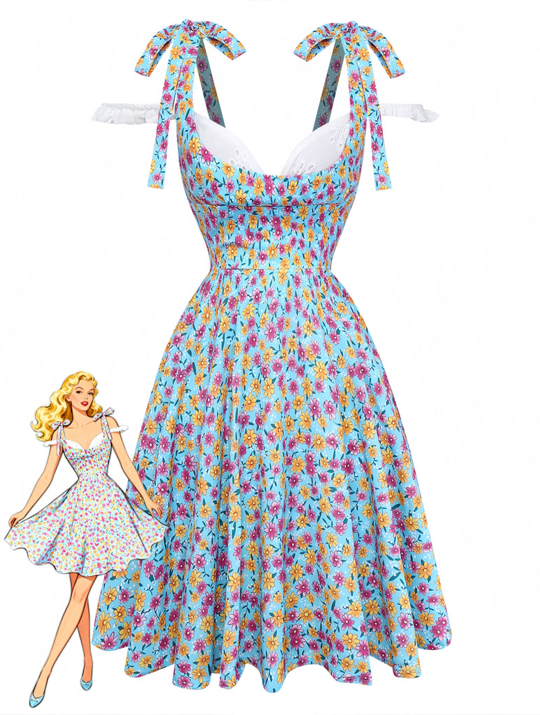 Blue 1960s Daisy Floral V-Neck Slit Short Dress - vintage dress, retro fashion