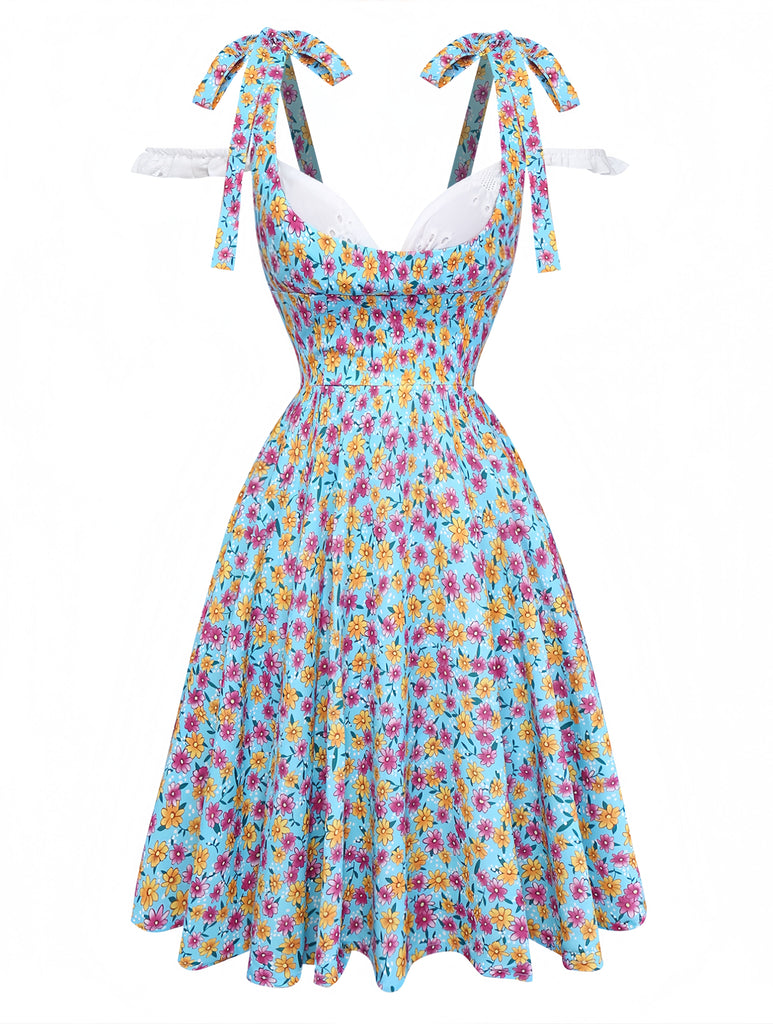 Blue 1960s Daisy Floral V-Neck Slit Short Dress - vintage dress, retro fashion