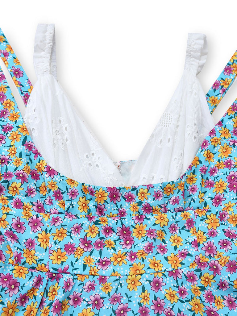 Blue 1960s Daisy Floral V-Neck Slit Short Dress - vintage dress, retro fashion