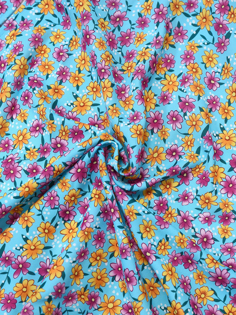 Blue 1960s Daisy Floral V-Neck Slit Short Dress - vintage dress, retro fashion