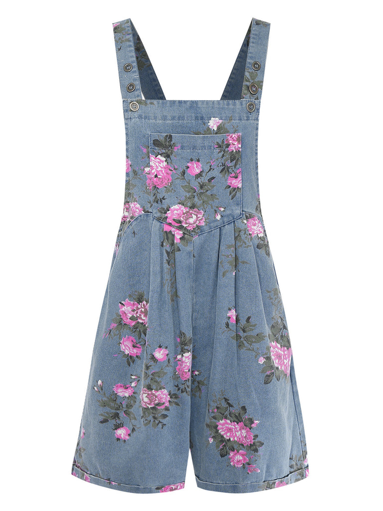 Blue 1960s Denim Floral Pocket Wide Strap Romper: beautiful vintage romper, retro jumpsuit, playful style with timeless appeal