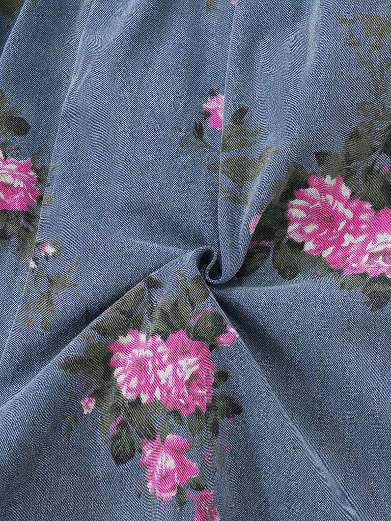 Blue 1960s Denim Floral Pocket Wide Strap Romper - vintage romper, retro jumpsuit, playful style for vintage lovers