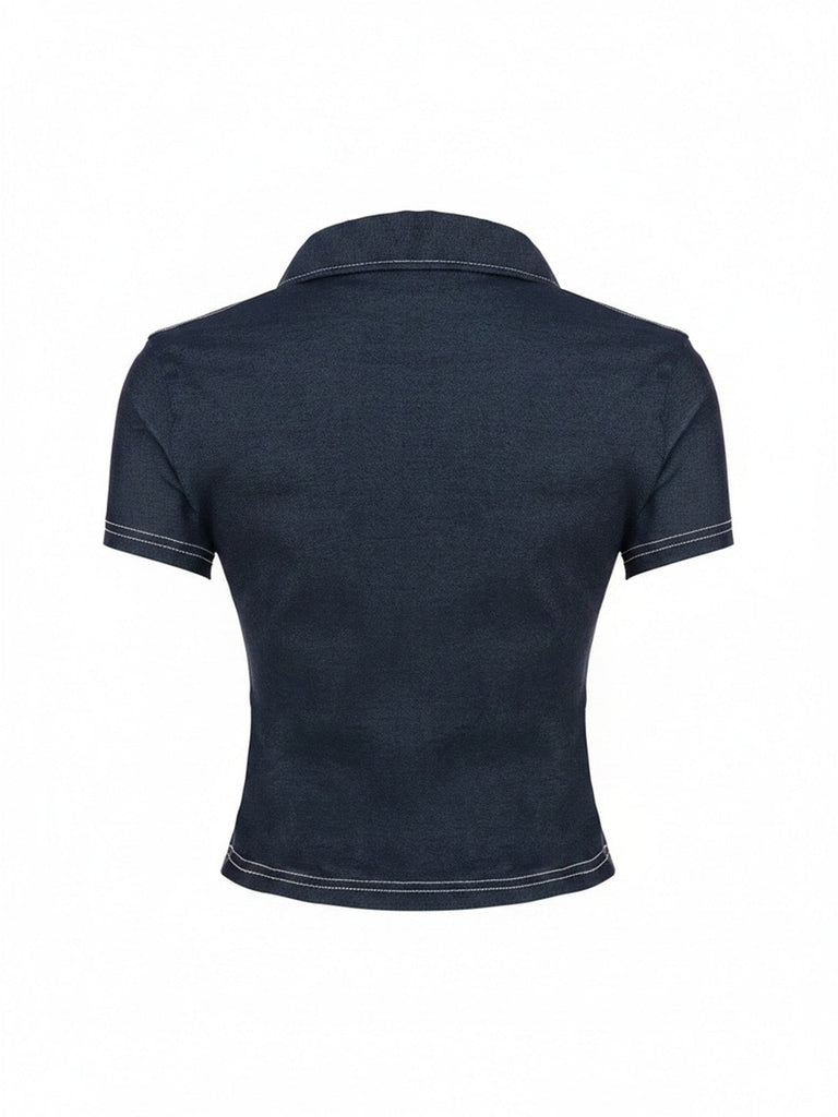 Blue 1960s Denim Lapel Short Sleeve Crop Shirt, vintage fashion, retro style - perfect for women who love vintage and retro fashion