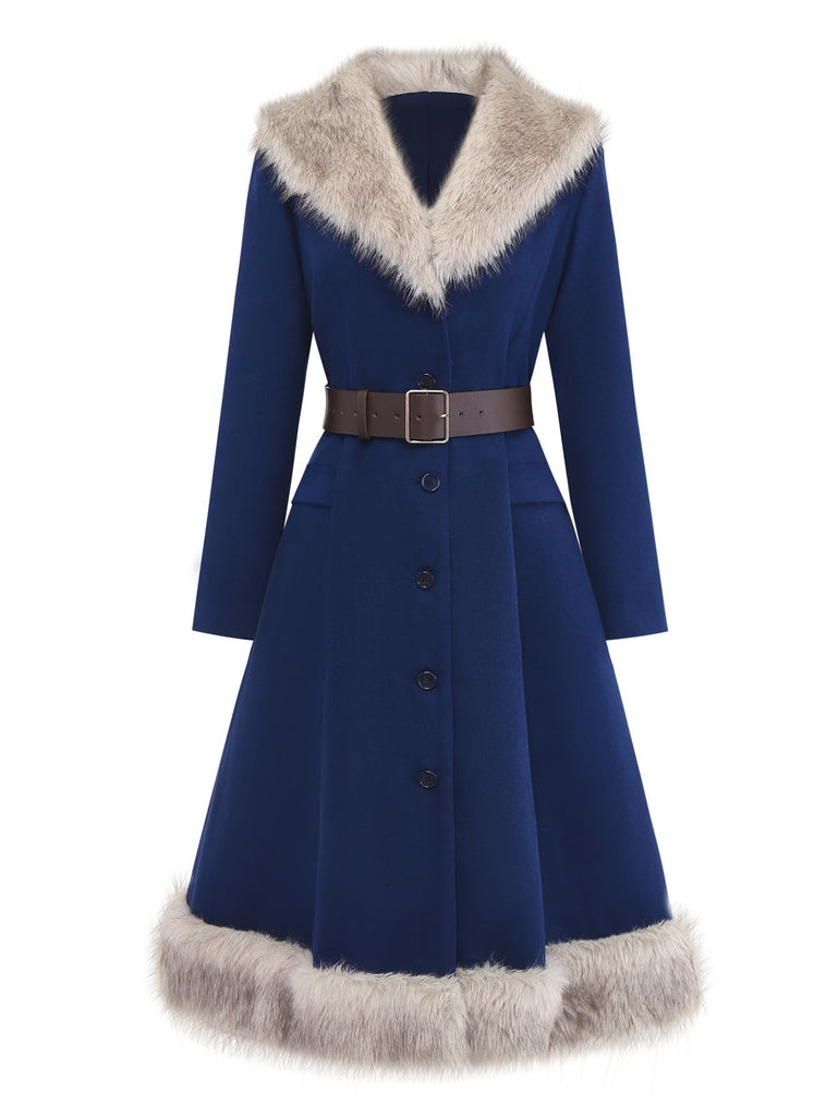 Blue 1960s Faux Fur-Lined Belted Coat - vintage fashion, retro style
