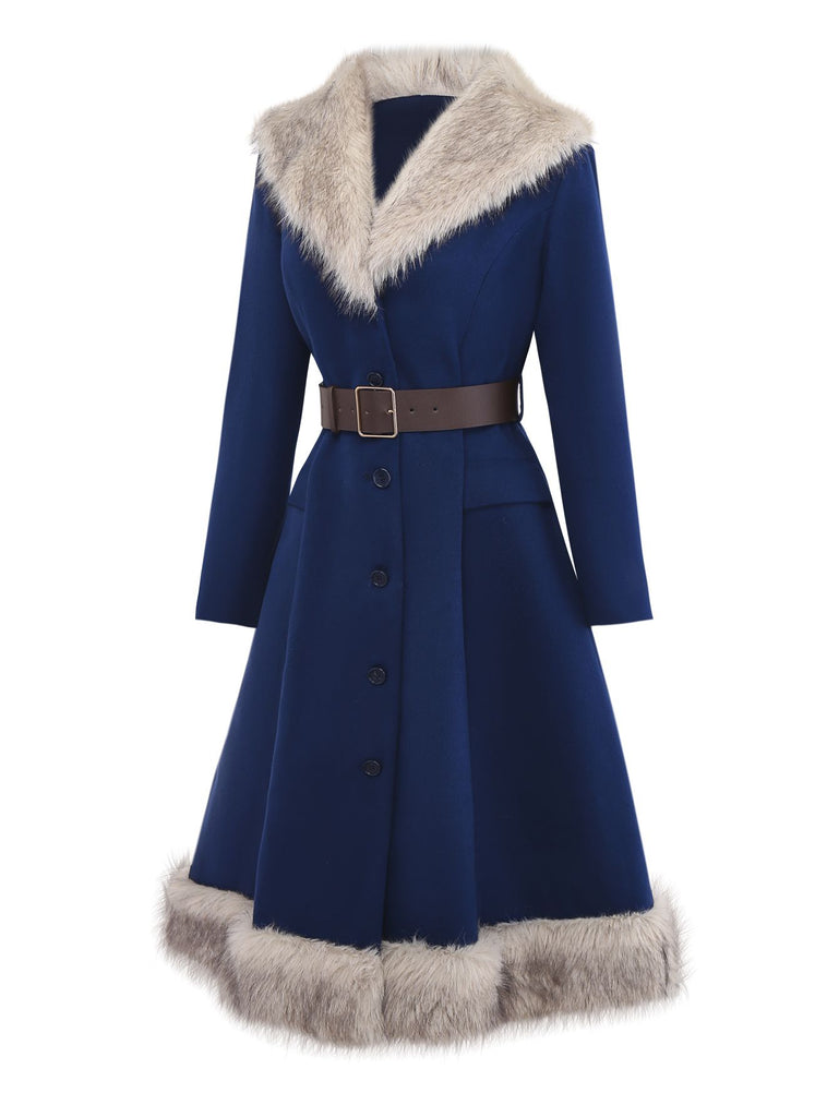 Blue 1960s Faux Fur-Lined Belted Coat - vintage fashion, retro style