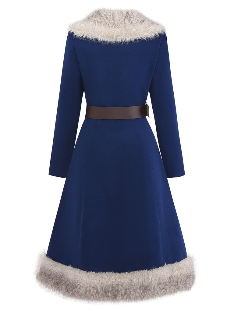 Blue 1960s Faux Fur-Lined Belted Coat - vintage fashion, retro style