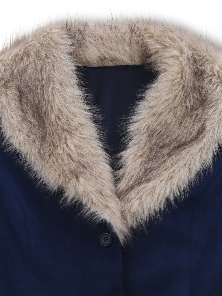 Blue 1960s Faux Fur-Lined Belted Coat - vintage fashion, retro style