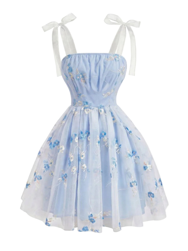 Blue 1960s Floral Embroidery Tulle Bow Spaghetti Strap Dress, vintage dress, retro fashion, floral print - perfect for women who love vintage and retro fashion