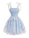 Blue 1960s Floral Embroidery Tulle Bow Spaghetti Strap Dress, vintage dress, retro fashion, floral print - perfect for women who love vintage and retro fashion