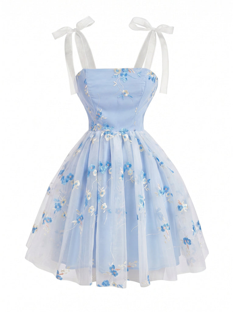 Blue 1960s Mesh Embroidered Floral Spaghetti Strap Dress, vintage dress, retro fashion, floral print - perfect for women who love vintage and retro fashion