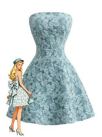 Blue 1960s Floral Jacquard Strapless Back Bow Mini Dress - vintage dress, retro fashion, floral print for vintage lovers