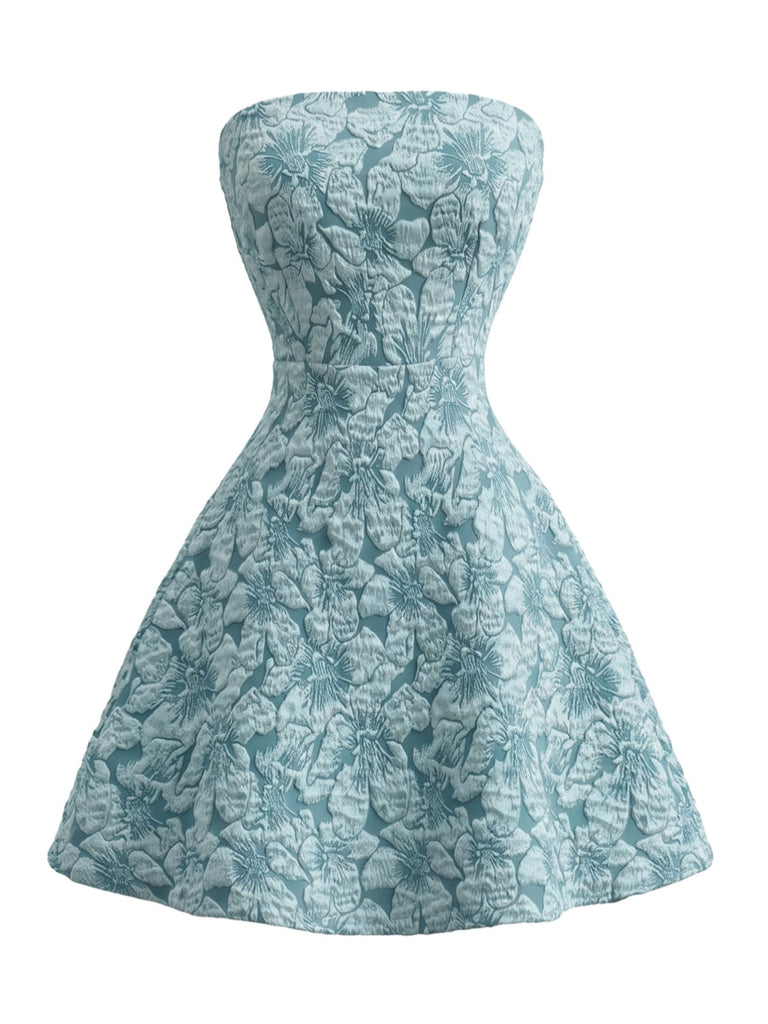 Blue 1960s Floral Jacquard Strapless Back Bow Mini Dress - vintage dress, retro fashion, floral print for vintage lovers