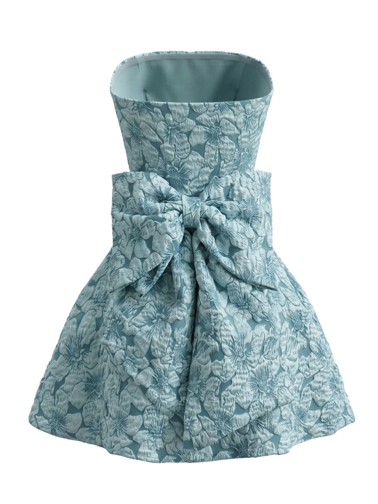 Blue 1960s Floral Jacquard Strapless Back Bow Mini Dress - vintage dress, retro fashion, floral print for vintage lovers