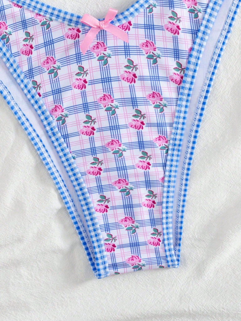 Blue 1960s Gingham Floral Bow Halter Triangle Bikini Set, vintage swimsuit, pin-up swimwear - perfect for women who love vintage and retro fashion