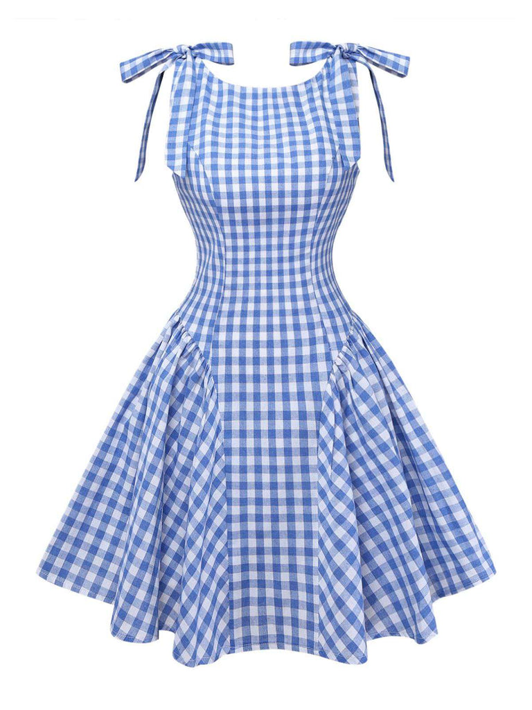 Blue 1960s Gingham Plaid Shoulder-Tie Empire Dress - vintage dress, retro fashion