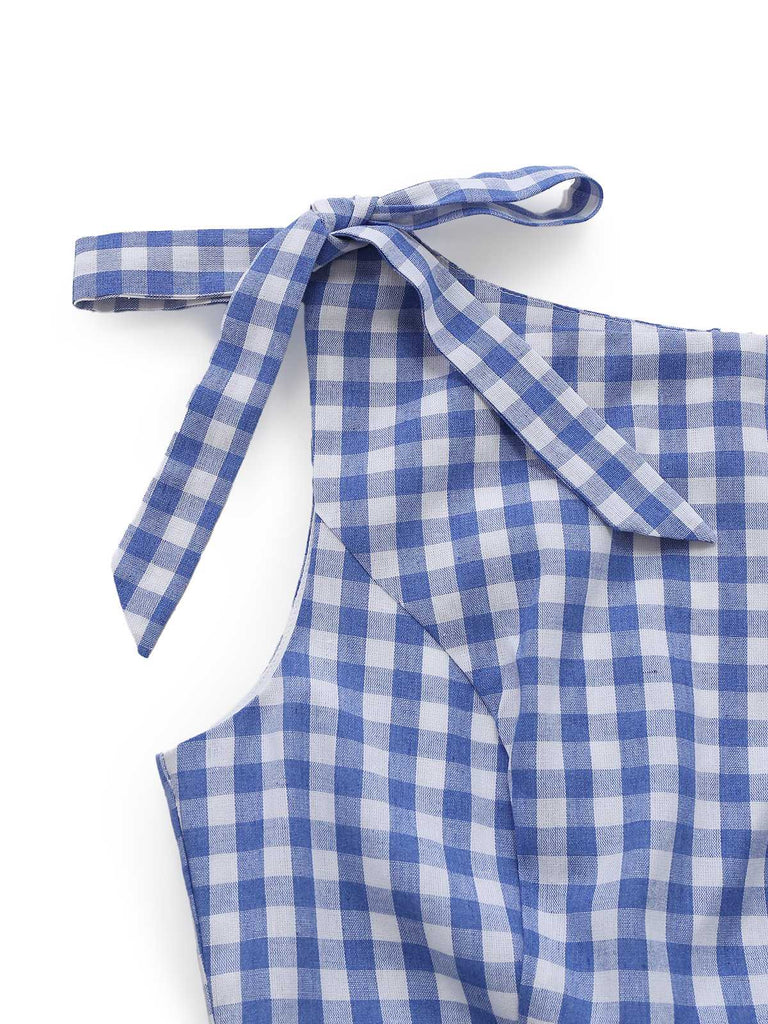 Blue 1960s Gingham Plaid Shoulder-Tie Empire Dress - vintage dress, retro fashion