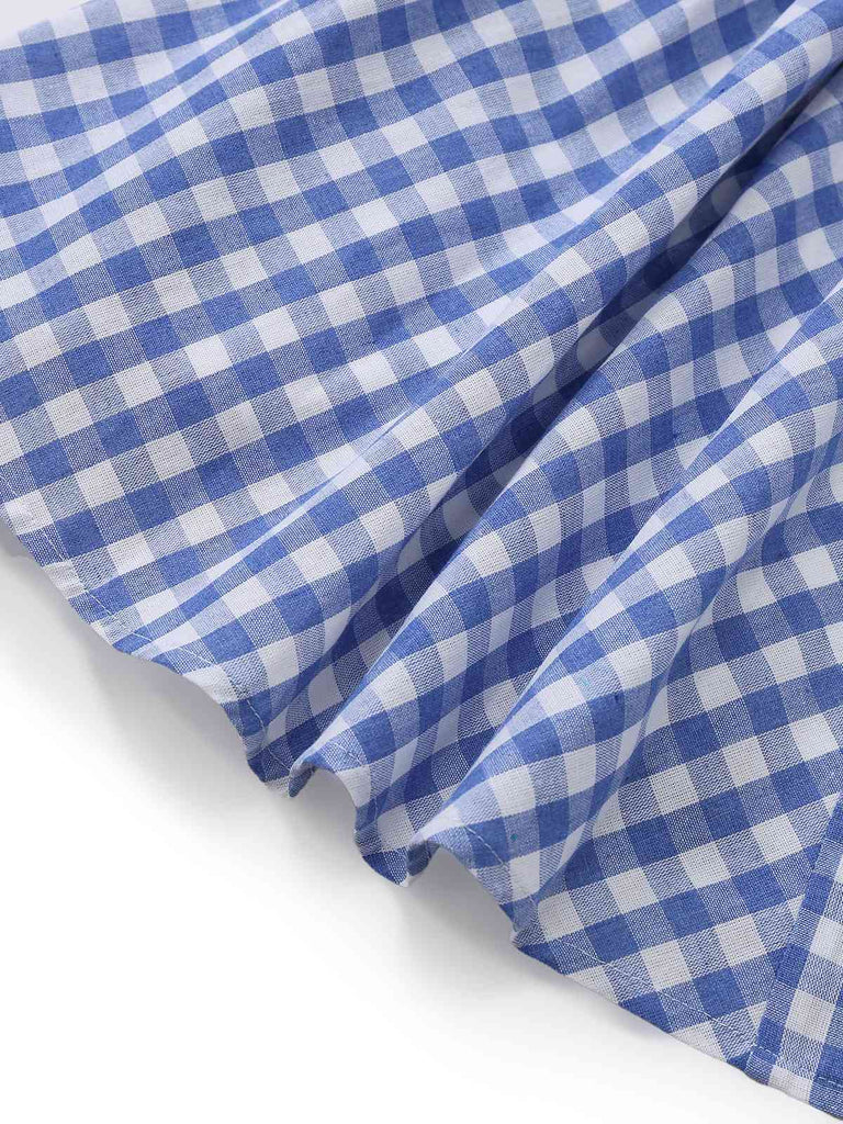 Blue 1960s Gingham Plaid Shoulder-Tie Empire Dress - vintage dress, retro fashion
