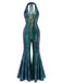 Blue 1960s Halter Metallic Iridescent Flared Jumpsuit: beautiful vintage romper, retro jumpsuit, playful style with timeless appeal