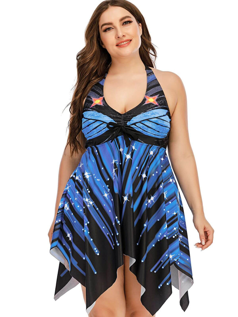 She's wearing Blue 1960s Halter One-Piece Skirt Swimsuit and the whole beach remembers the 1960s