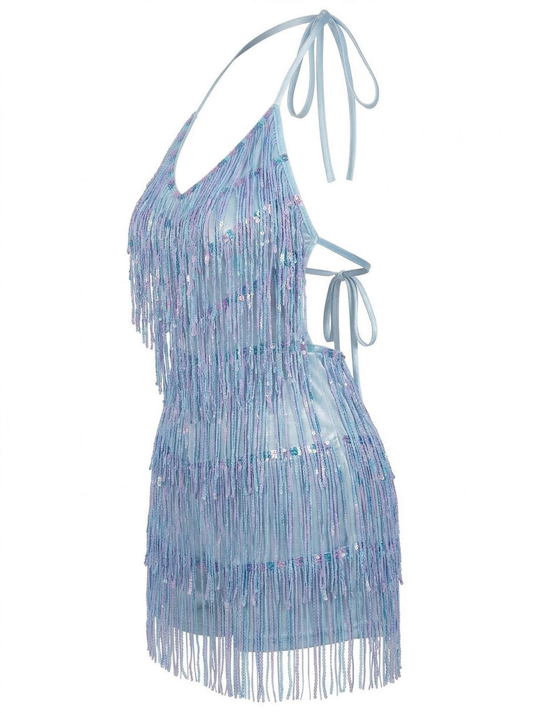 Blue 1960s Halter Sequins Tassel Romper - vintage romper, retro jumpsuit for vintage lovers