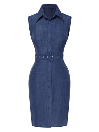She slips into this Blue 1960s Lapel Sleeveless Belted Dress and suddenly it's a 1960s daydream