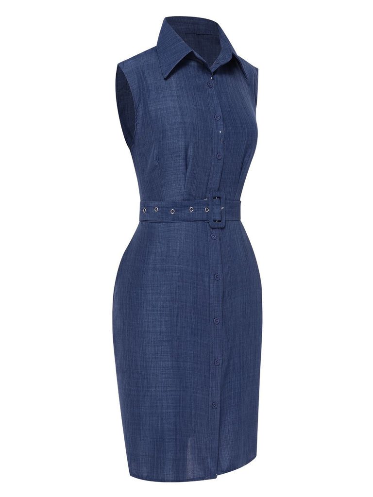 Blue 1960s Lapel Sleeveless Belted Dress: where 1960s romance meets her modern spirit