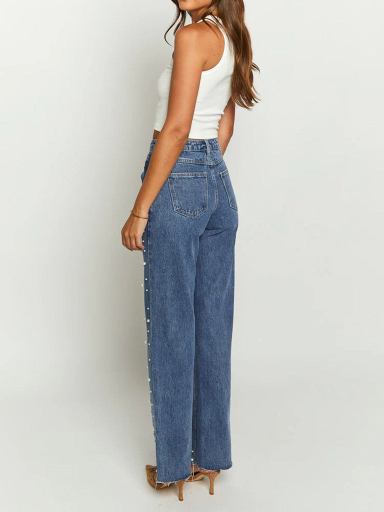 Blue 1960s Pearl Straight Leg Raw Hem Denim Pants: beautiful vintage fashion, retro style, classic elegance with timeless appeal