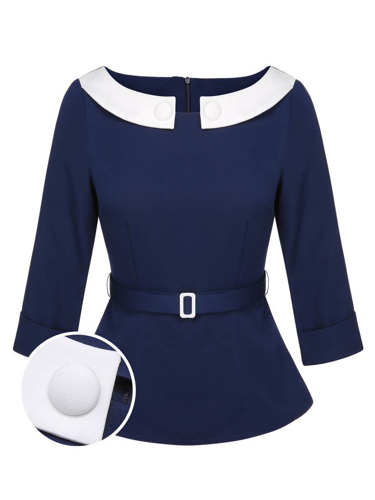 Blue 1960s Peter Pan Collar Belt Top, vintage top, retro blouse - perfect for women who love vintage and retro fashion