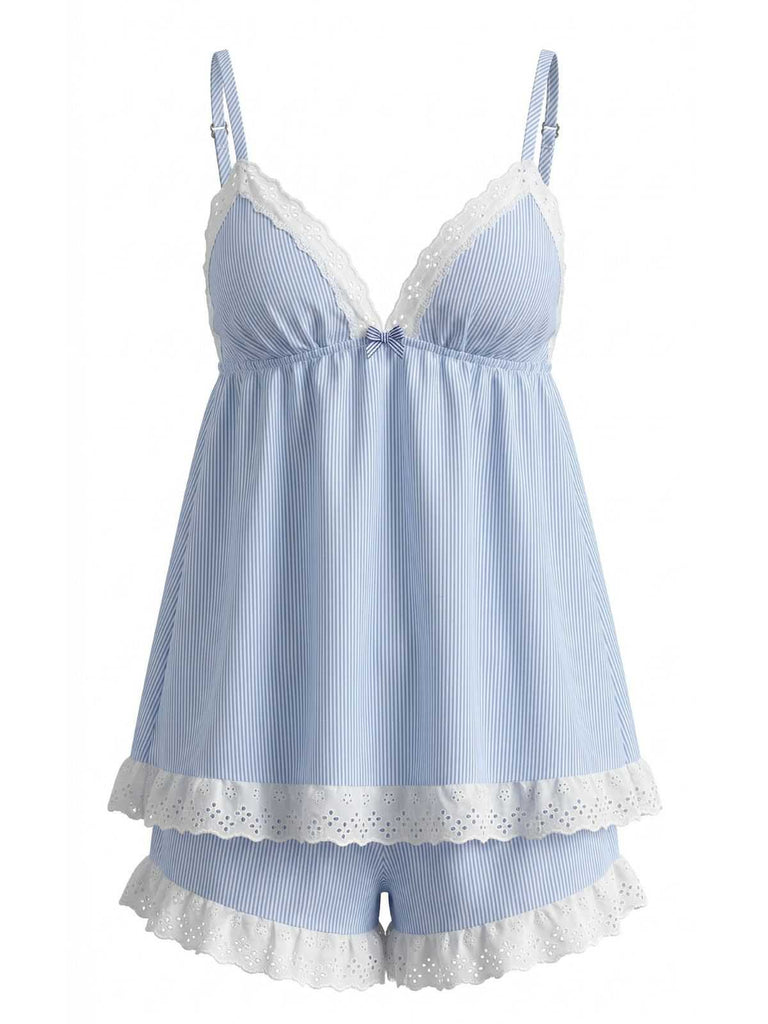 Blue 1960s Pinstripe Lace Trim Babydoll Pajama Set: beautiful vintage lingerie, retro nightgown, elegant sleepwear with timeless appeal