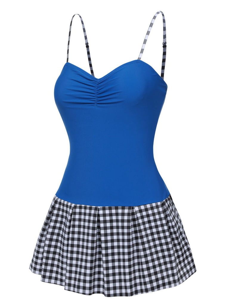 Blue 1960s Plaid Patchwork Strap Swimsuit, vintage swimsuit, pin-up swimwear - perfect for women who love vintage and retro fashion