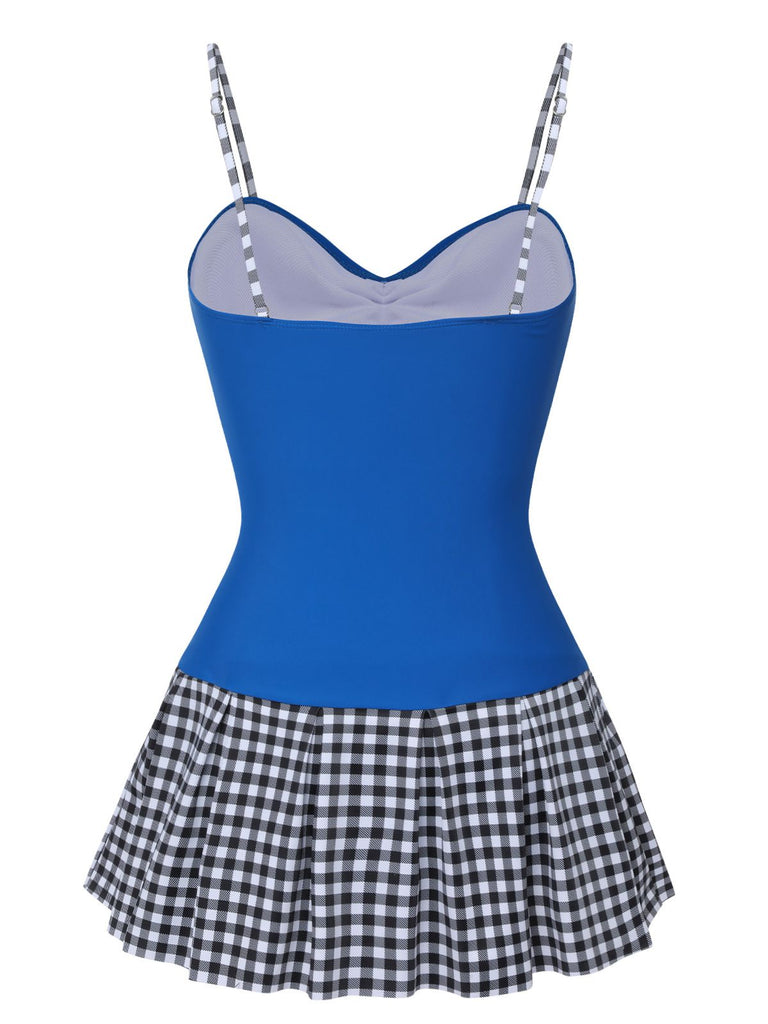 Blue 1960s Plaid Patchwork Strap Swimsuit, vintage swimsuit, pin-up swimwear - perfect for women who love vintage and retro fashion
