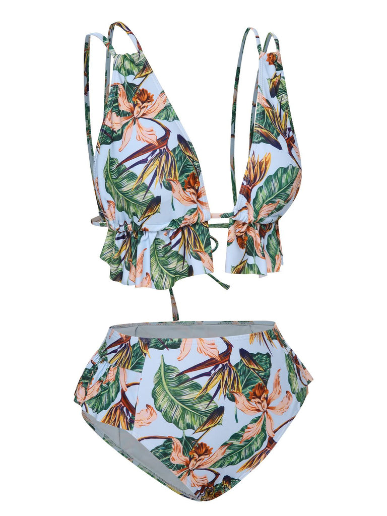 Blue 1960s Plants Back Tie Ruffles Swimsuit: 1960s Riviera elegance, reimagined for her