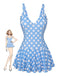 She's wearing Blue 1960s Polka Dot Petal Neck Swimsuit and the whole beach remembers the 1960s