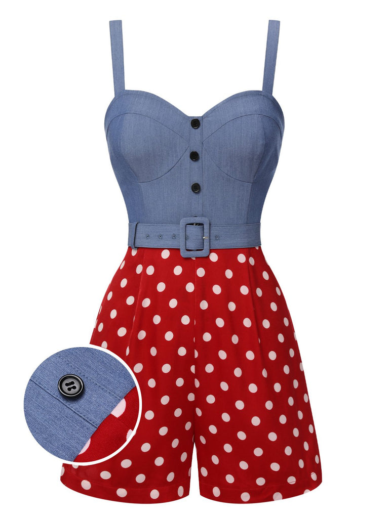 Blue 1960s Polka Dots Spaghetti Straps Romper, vintage romper, retro jumpsuit - perfect for women who love vintage and retro fashion