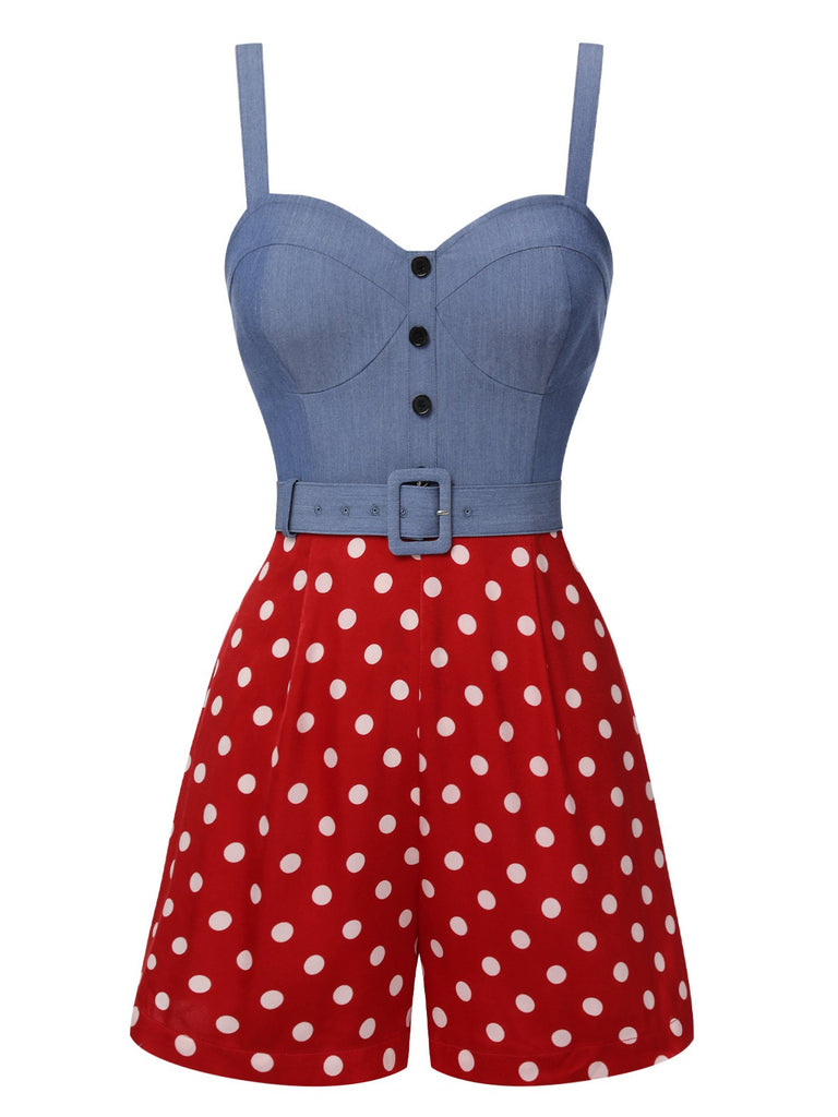 Blue 1960s Polka Dots Spaghetti Straps Romper, vintage romper, retro jumpsuit - perfect for women who love vintage and retro fashion