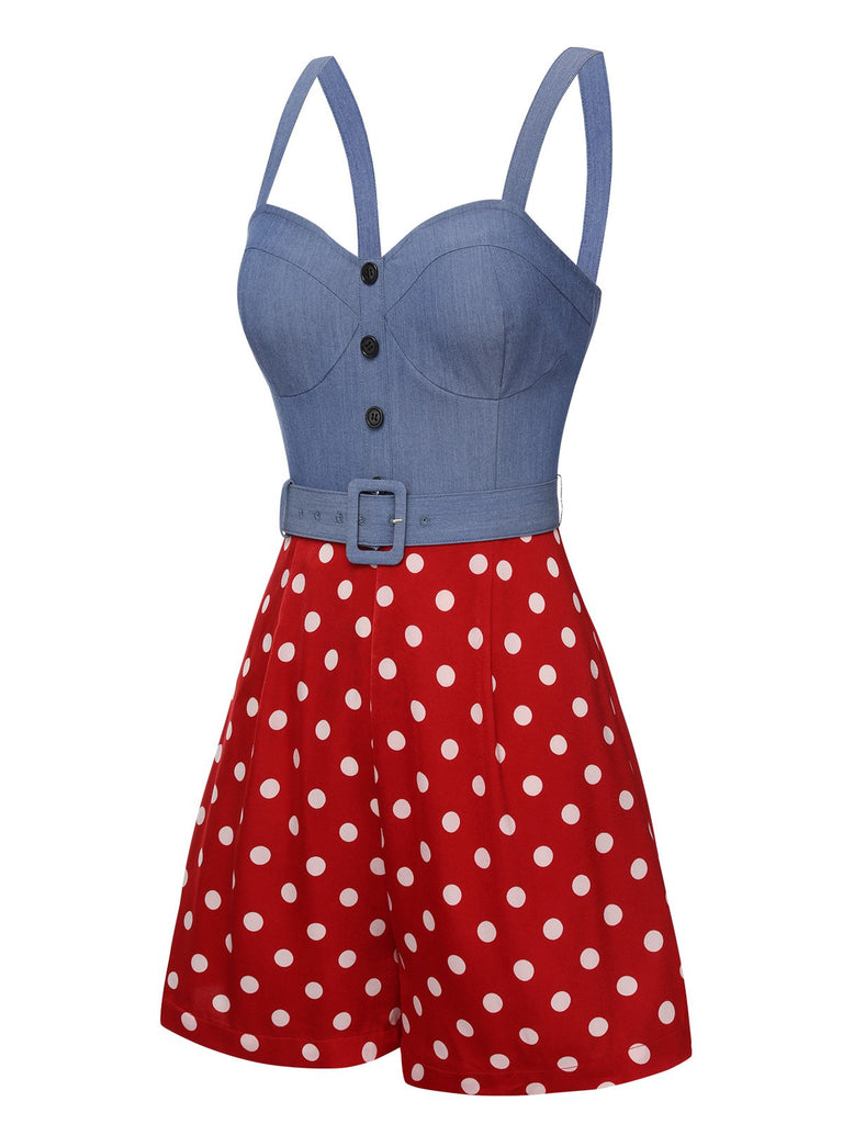 Blue 1960s Polka Dots Spaghetti Straps Romper, vintage romper, retro jumpsuit - perfect for women who love vintage and retro fashion